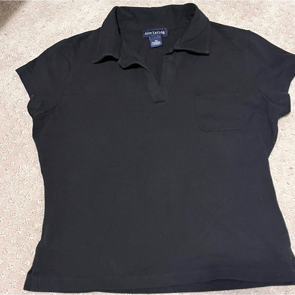 Ann Taylor Black collared short sleeve tee